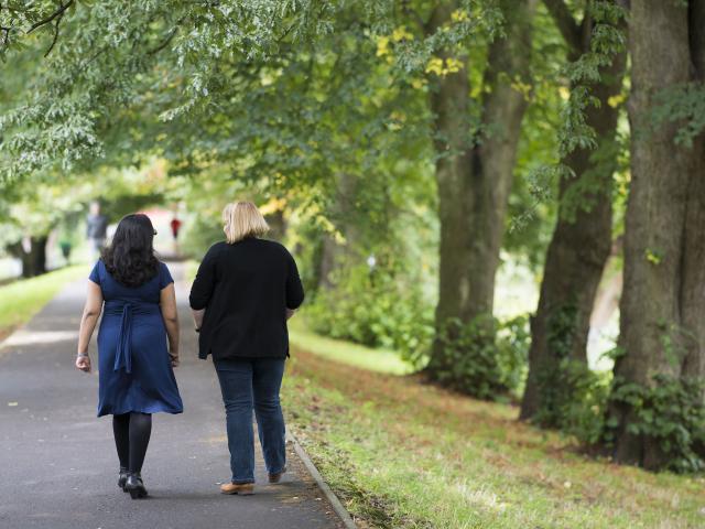 People walking on a path by some trees