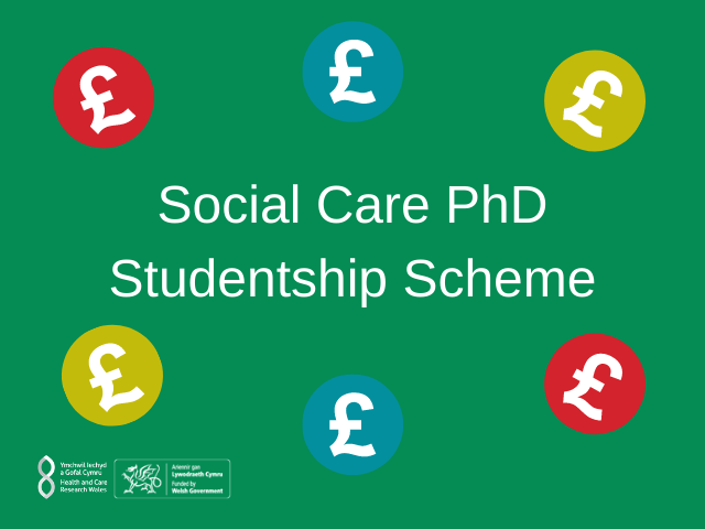 Graphic with pound signs and social care PhD studentship scheme