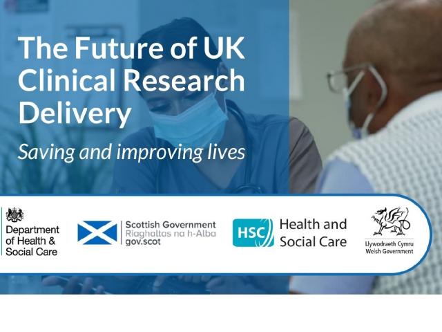 Future of UK Clinical Research Delivery image showing text, logos of 4 nations across background of researcher and participant