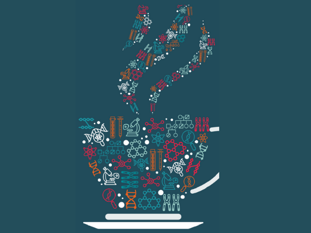 Coffee cup art made up of genomics symbols