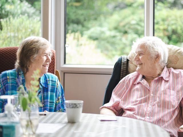 An elderly gentleman taking to a woman sat across him.