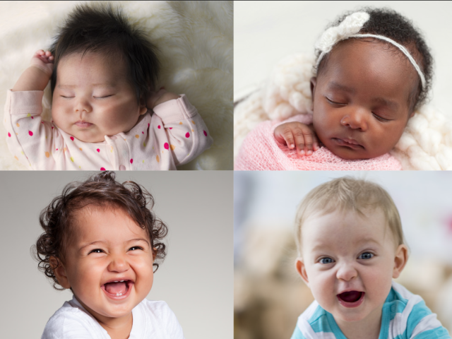 A collage of four smiling babies.