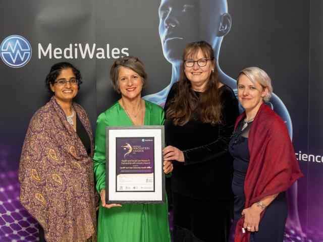 Image of the Health and Care Research Partnership with Industry Award winners and Health and Care Research Wales sponsors