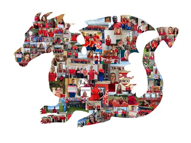 Picture in the shape of a dragon made up of photographs of research staff across Wales