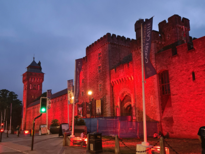 Cardiff Castle at night light up in red