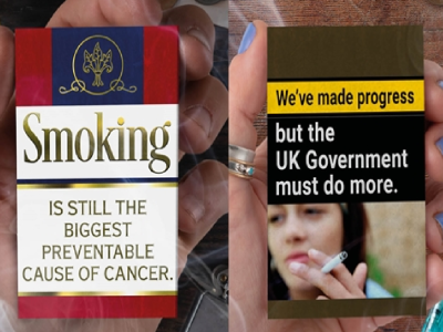 Packs of cigarettes with campaign images on it. 