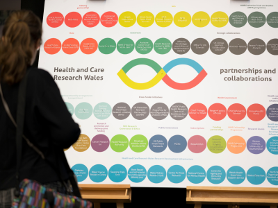 Board with coloured circles signifying partnerships and collaborations