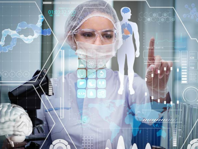 A female doctor wearing a surgical mask pointing at high level AI machine. 