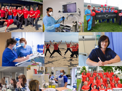 A collage of healthcare professionals and volunteers engaging in research, clinical work, group activities, and celebrating Red4Research Day, some holding a Welsh flag and red balloons.